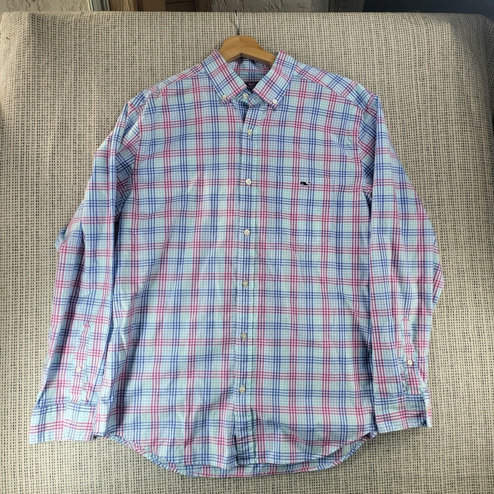 Vineyard Vines Shirt Mens Extra Large Blue Pink Plaid Classic Fit Tucker Cotton